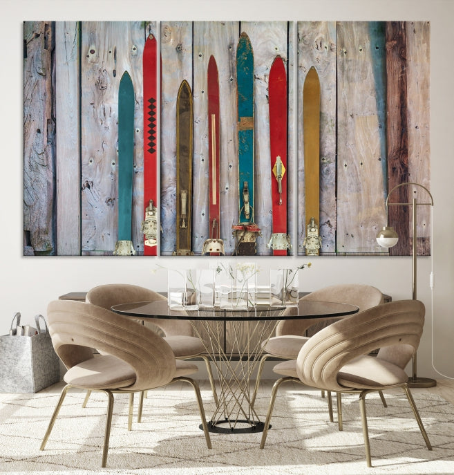 Vintage Wooden Weathered Ski's in Front of an Old Barn Wall Art Canvas Print