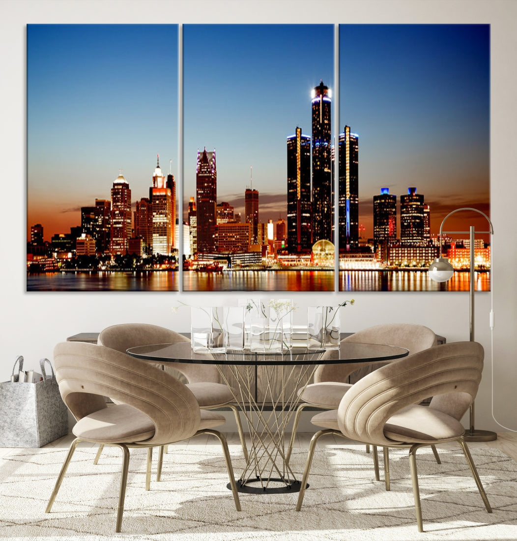 Detroit City Lights Sunset Skyline Cityscape View Wall Art Canvas Print