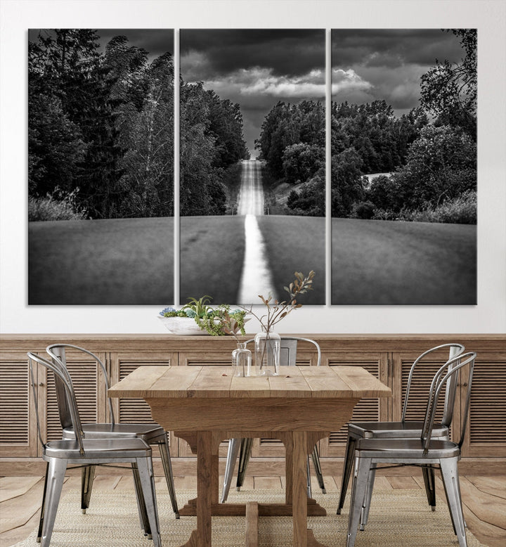 Black and White Road in Forest Wall Art Canvas Print