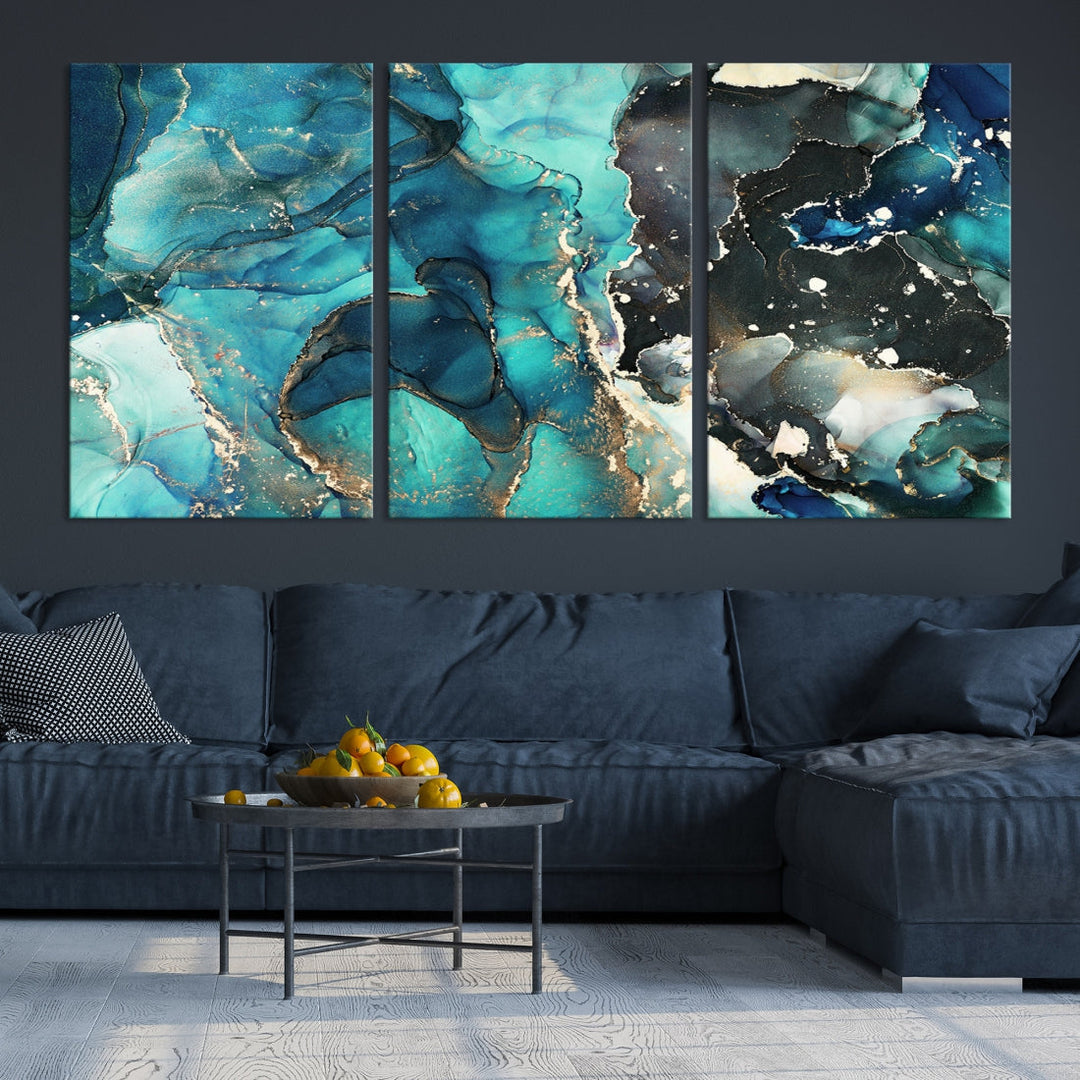Stylish Teal Color Gold Abstract Canvas Wall Art Print