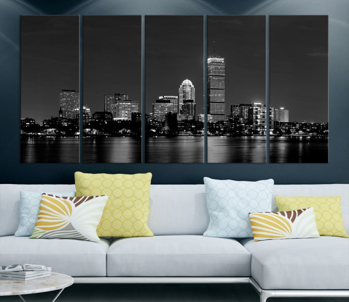 Boston City Lights Skyline Art mural noir et blanc Paysage urbain Impression sur toile