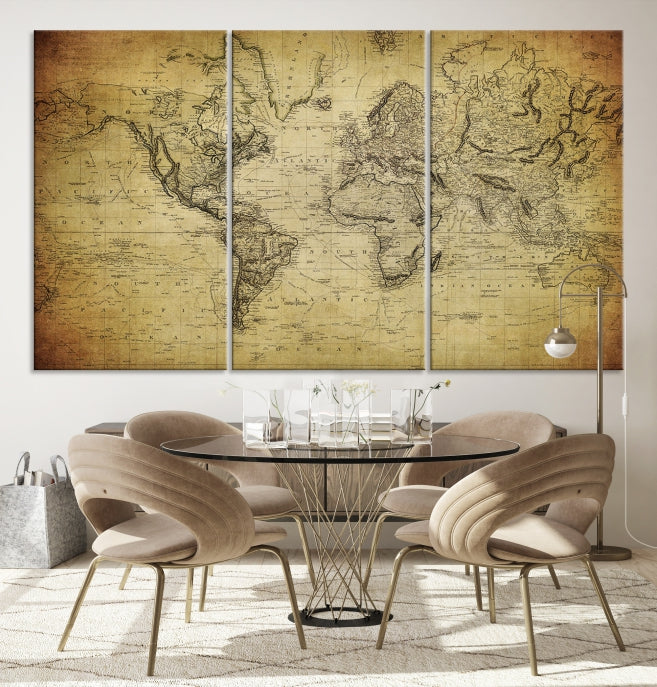 Carte du monde vintage Art mural Carte classique de style ancien Impression sur toile