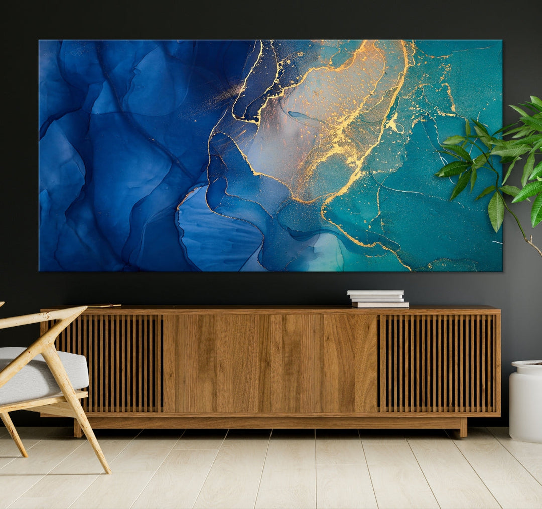 Arte de pared grande con efecto fluido de mármol azul marino y verde, lienzo abstracto moderno, impresión artística de pared