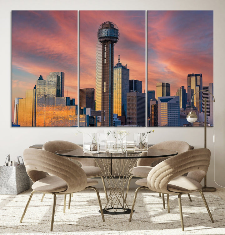 Dallas City Tower Coucher de soleil Skyline Paysage urbain Vue Art mural Impression sur toile