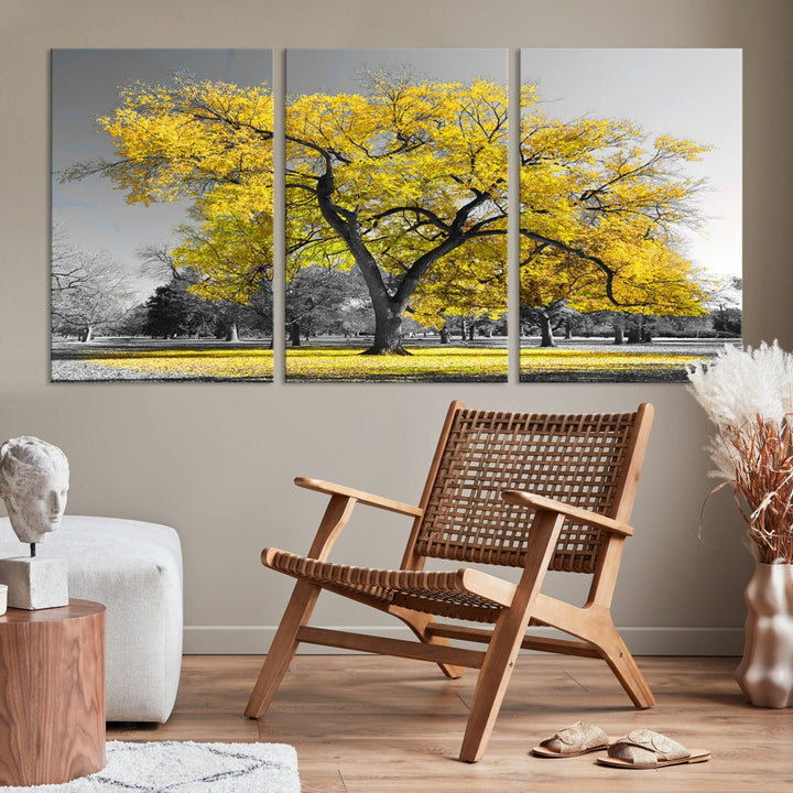 Gran árbol amarillo gran lienzo pared arte impresión negro blanco amarillo arte pintura