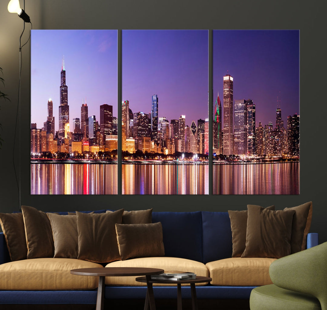 Luces de la ciudad de Chicago Noche Vista del paisaje urbano del horizonte púrpura Arte de pared grande Lienzo