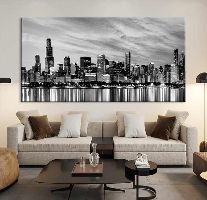 Chicago City Cloudy Skyline Black and White Wall Art Cityscape Canvas Print