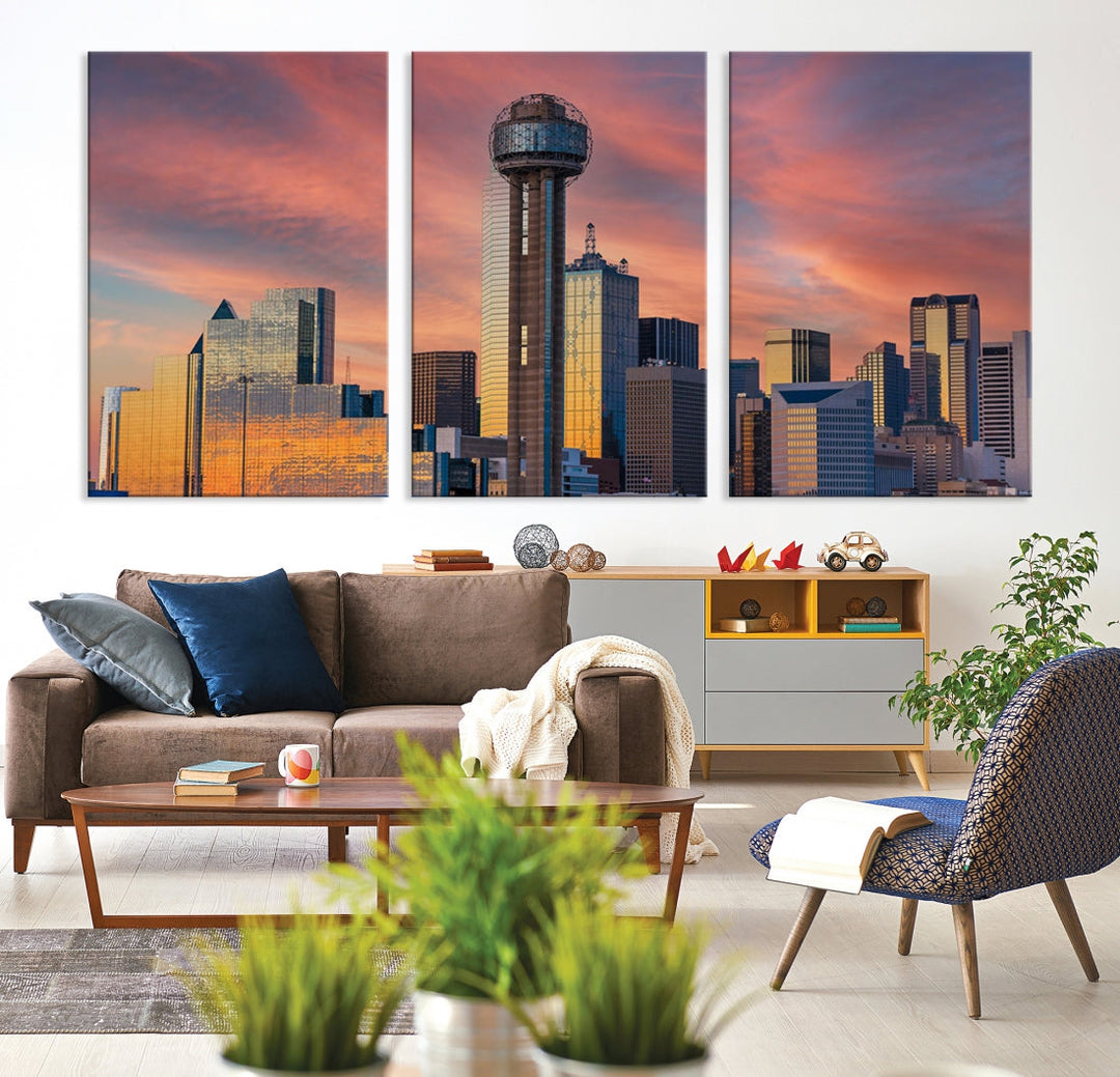 Dallas City Tower Coucher de soleil Skyline Paysage urbain Vue Art mural Impression sur toile