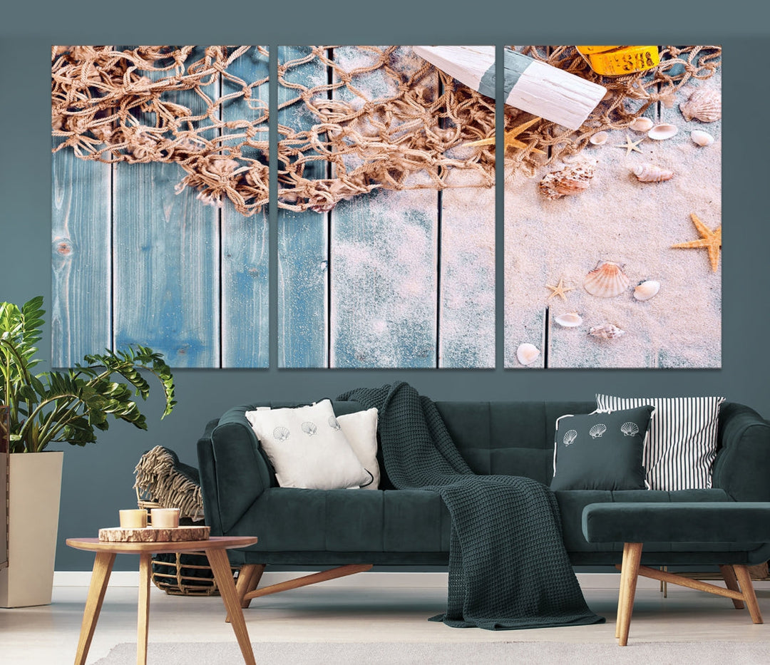 Red de pesca en viejos bosques oxidados lienzo arte de pared lienzo náutico arte arte para sala de estar, dormitorio, cocina, arte enmarcado, arte colorido, decoración del hogar, impresión grande, lienzo dividido