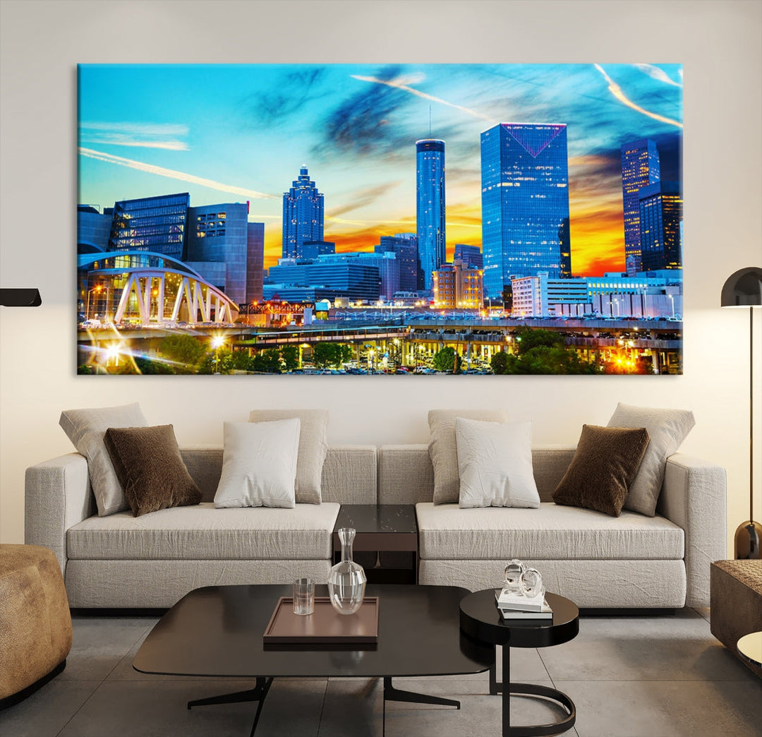 Luces de la ciudad de Atlanta Puesta de sol Vista del paisaje urbano del horizonte azul y naranja Arte de pared grande Lienzo