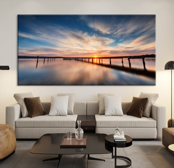 Wooden Pier on Seascape and Sunset Wall Art Canvas Print