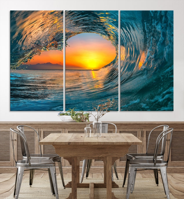 Lienzo decorativo para pared con gran ola del océano, surf y puesta de sol