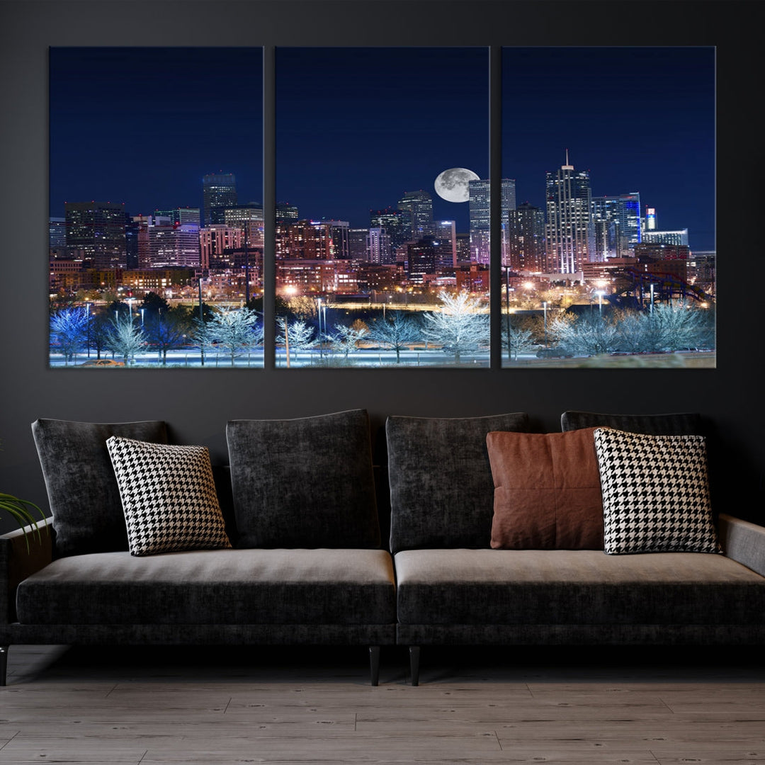 Denver City Lights Night avec pleine lune Skyline Cityscape View Wall Art Impression sur toile