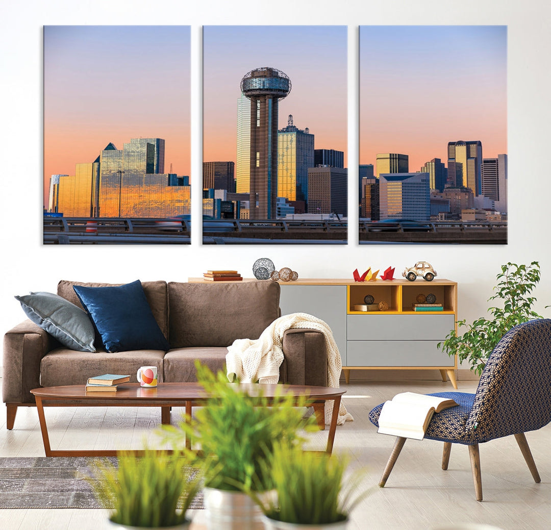 Impresión en lienzo de arte de pared grande con vista del paisaje urbano del horizonte del amanecer de las luces de la ciudad de Dallas