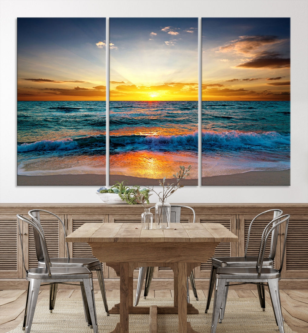 Puesta de sol en la playa, arte de pared, impresión en lienzo para comedor, oficina, decoración del hogar