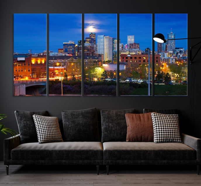 Denver City Lights Night Blue Skyline Cityscape View Wall Art Canvas Print