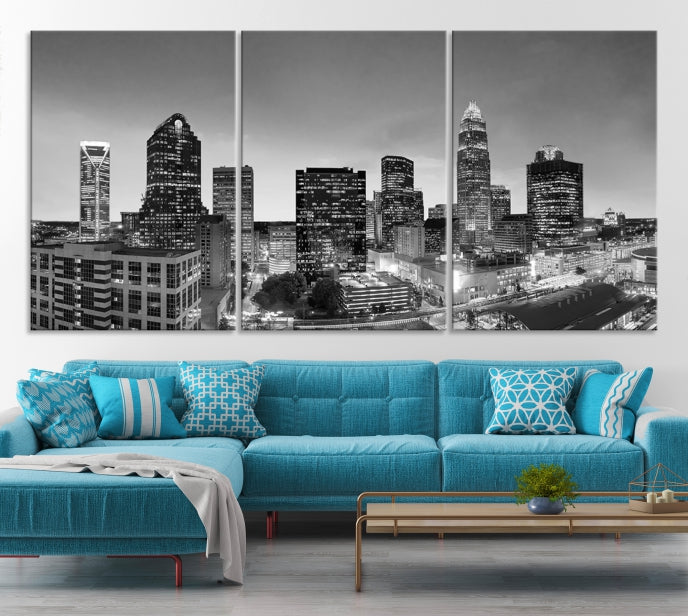 Charlotte City Cloudy Skyline Black and White Wall Art Cityscape Canvas Print