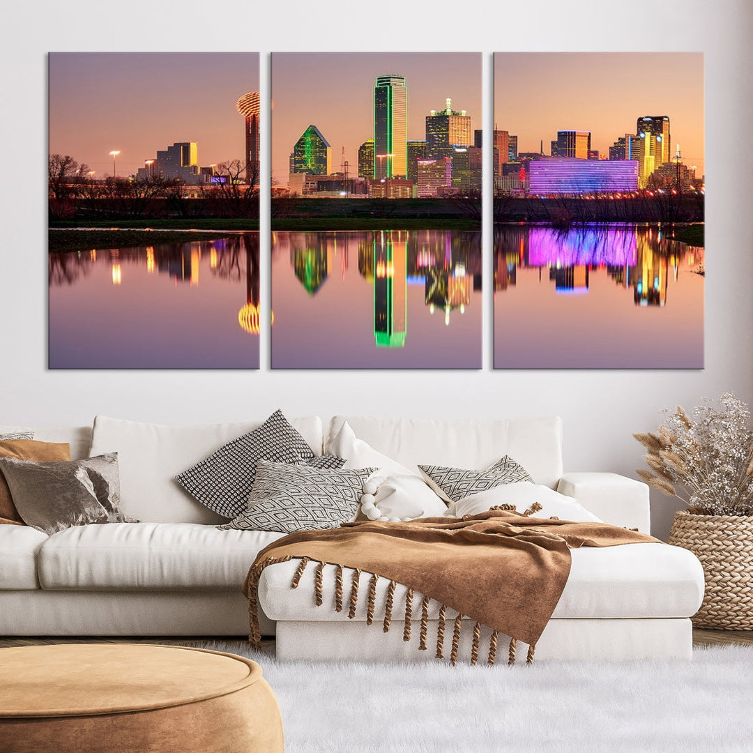 Dallas City Lights Coucher de soleil Skyline Paysage urbain Vue Art mural Impression sur toile