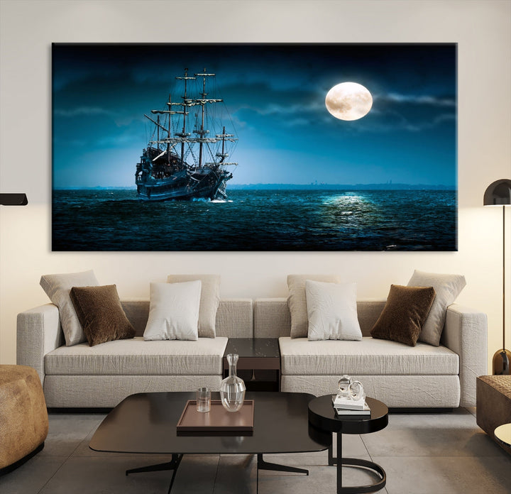 Impresión en lienzo de arte de pared grande con luna y barco en el océano por la noche