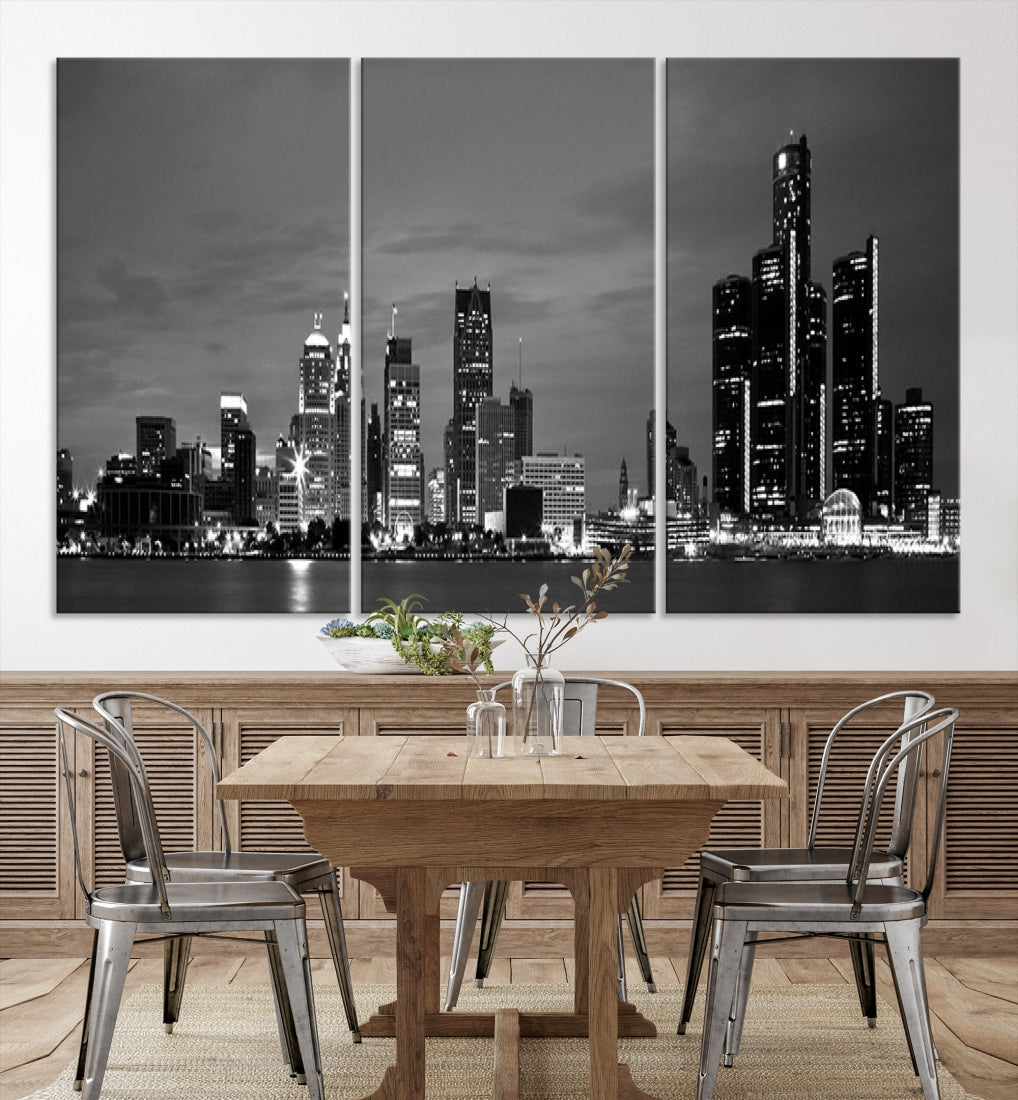 Detroit City Lights Skyline Black and White Wall Art Cityscape Canvas Print