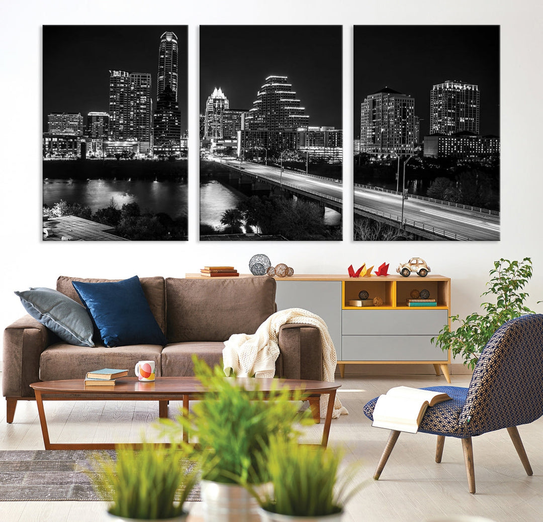 Austin City Lights Skyline Black and White Wall Art Canvas Print