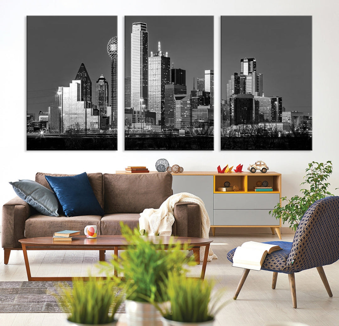 Dallas City Skyline Art mural noir et blanc Paysage urbain Impression sur toile