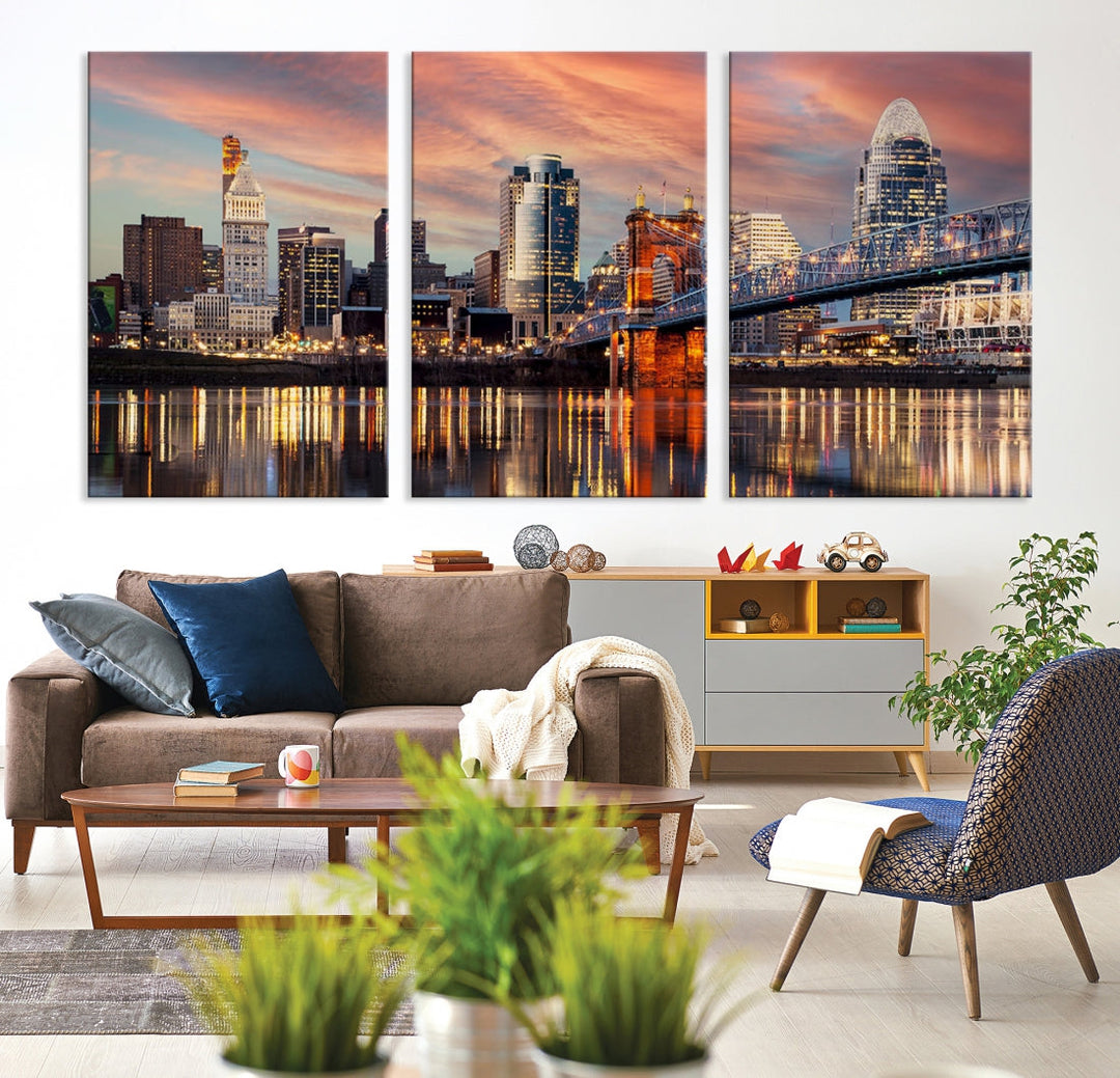 Cincinnati City Lights Sunset Colorful Cloudy Skyline Cityscape View Wall Art Canvas Print