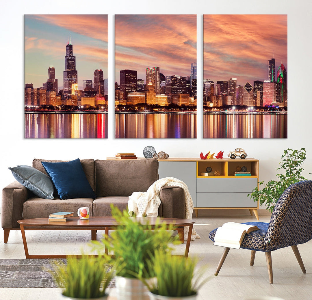Impresión en lienzo del paisaje urbano de la ciudad del horizonte nocturno de Chicago, enmarcado, listo para colgar