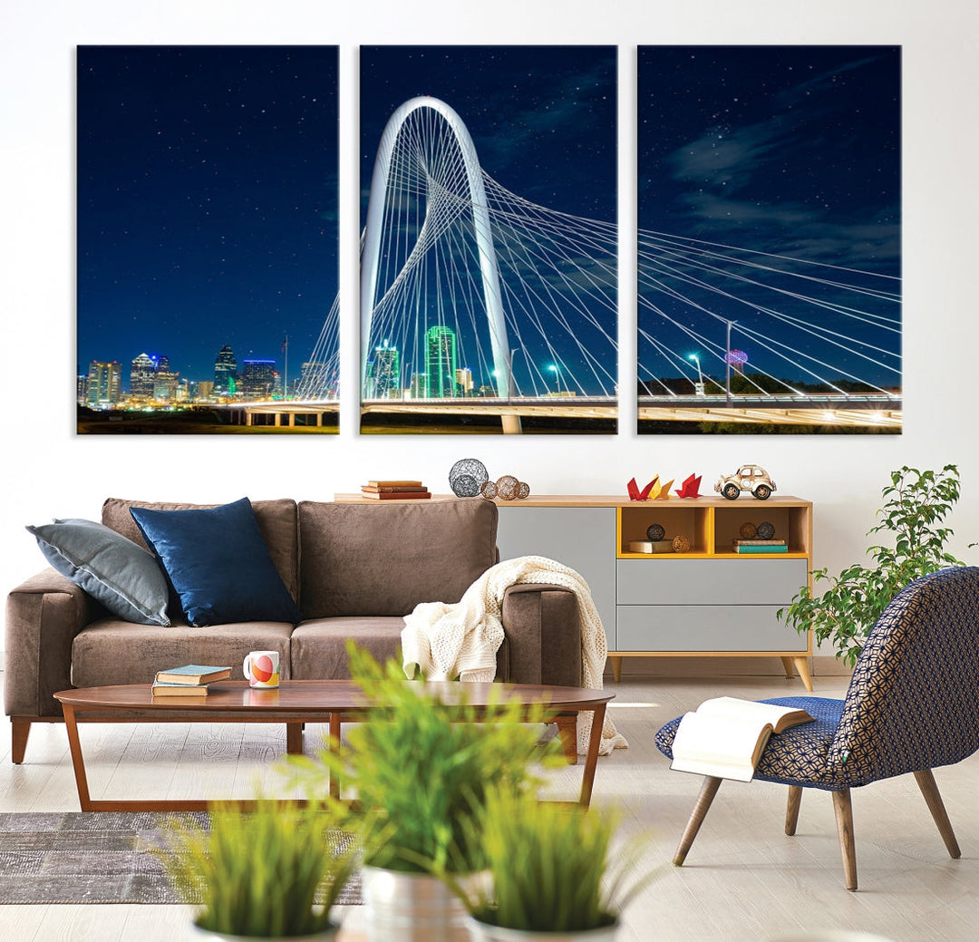 Dallas City Bridge Lights Night Skyline Cityscape View Wall Art Canvas Print