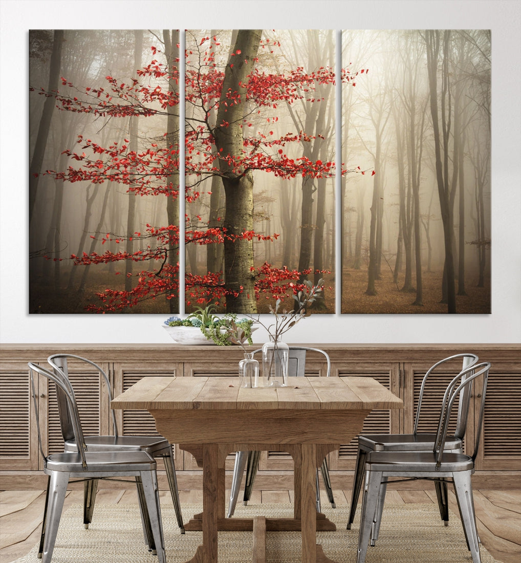 Toile d'art mural avec feuilles d'arbre de la forêt rouge
