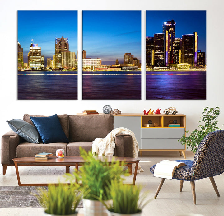Detroit City Lights Night Bright Blue Skyline Cityscape View Wall Art Canvas Print