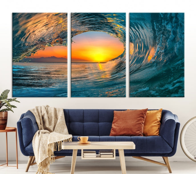 Lienzo decorativo para pared con gran ola del océano, surf y puesta de sol