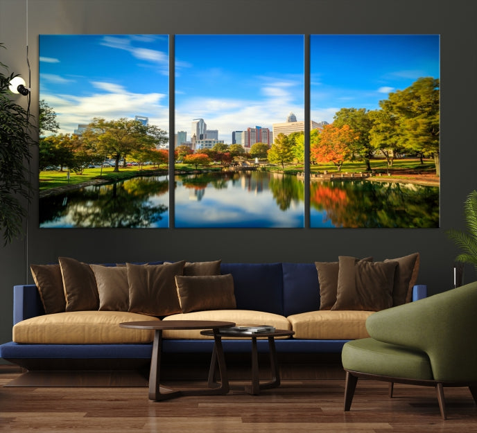Charlotte City Park at Spring Skyline Cityscape View Wall Art Canvas Print