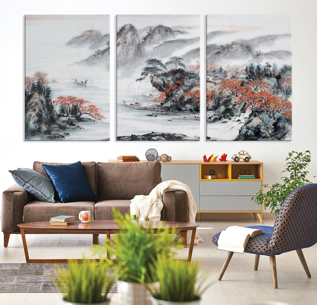 Pintura tradicional china lienzo arte de pared paisaje natural impresión multi panel extra grande arte de pared enmarcado listo para colgar pintura en lienzo para sala de estar, dormitorio, oficina, decoración moderna del hogar