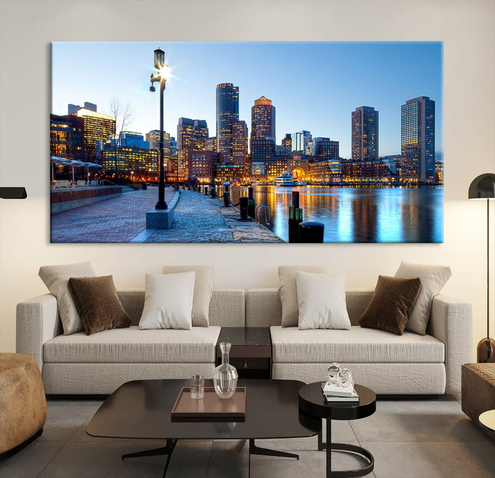 Boston City Lights Sunrise Skyline Cityscape View Wall Art Impression sur toile