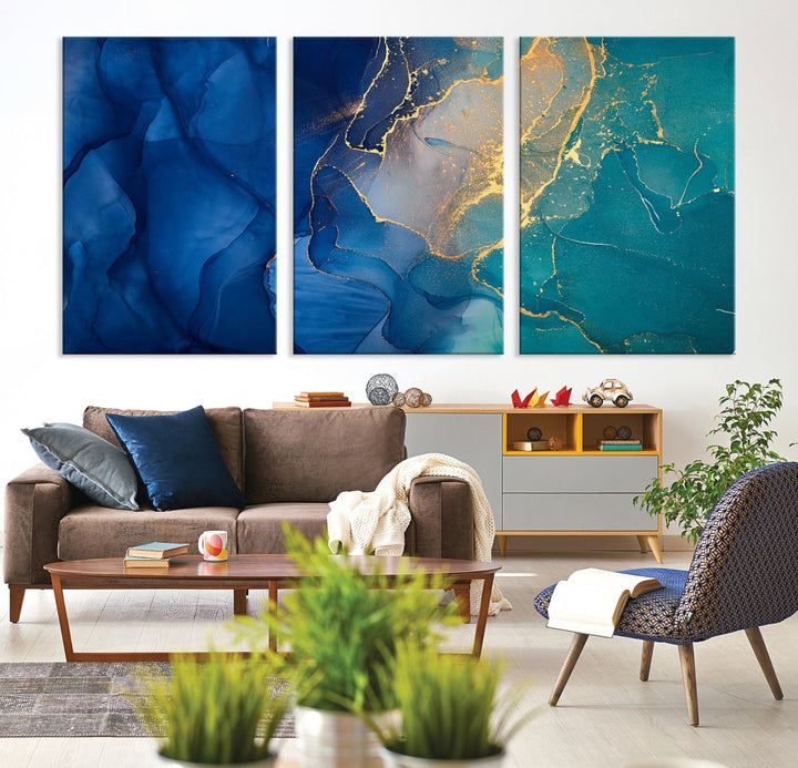 Navy Blue and Green Marble Fluid Effect Wall Art Abstract Canvas Wall Art Print