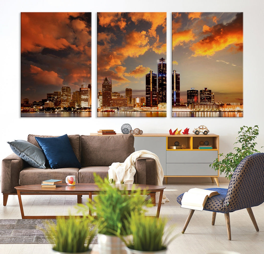 Detroit City Lights Sunset Orange Cloudy Skyline Cityscape View Wall Art Canvas Print