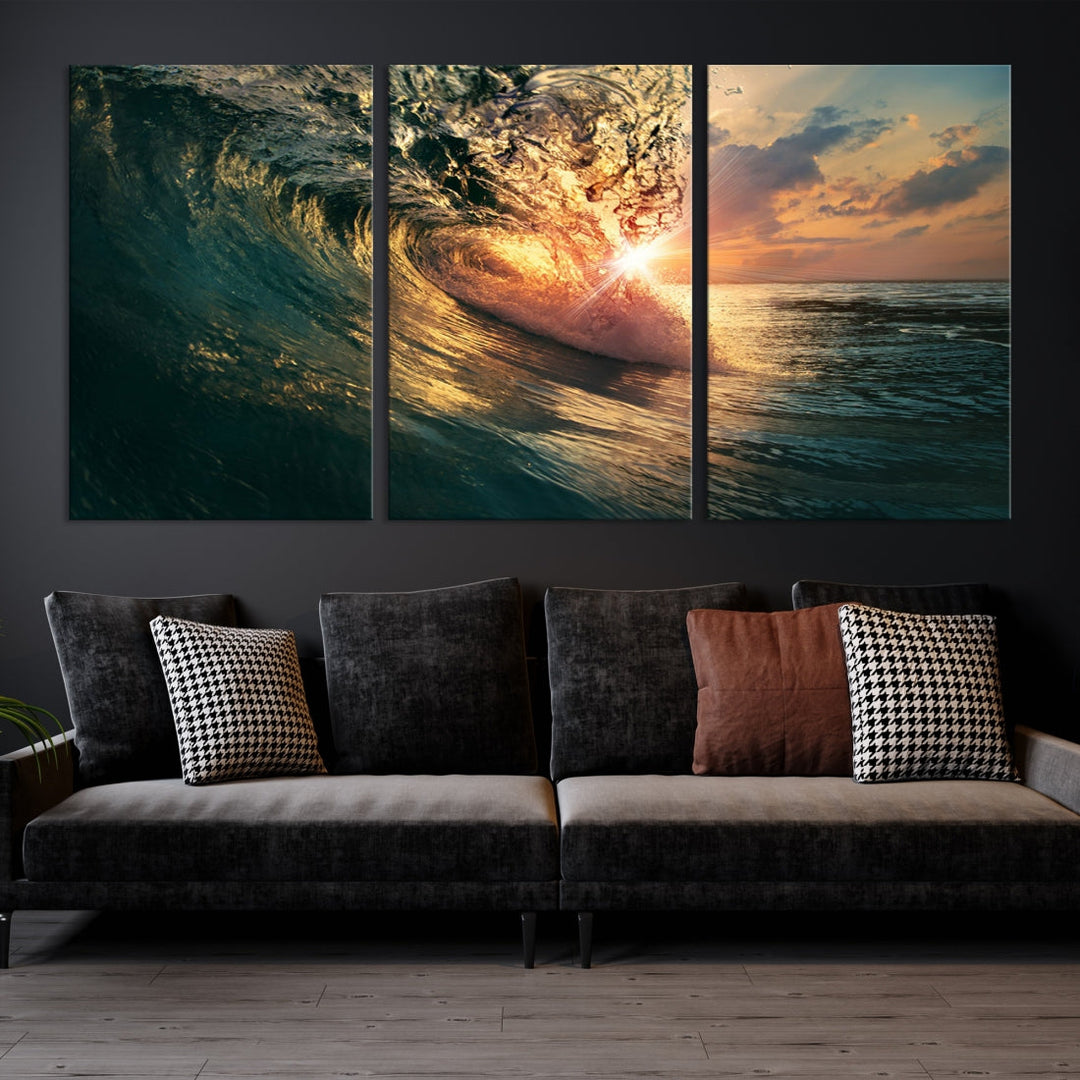 Sunset Surfing Wave on Ocean Canvas Wall Art Print