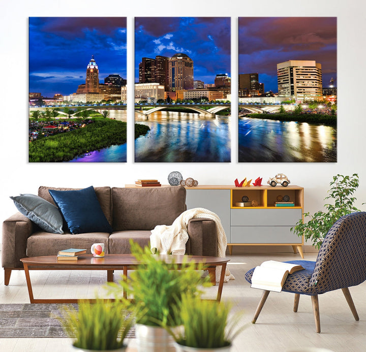 Columbus City Lights Night Bright Blue Cloudy Skyline Cityscape View Wall Art Impression sur toile
