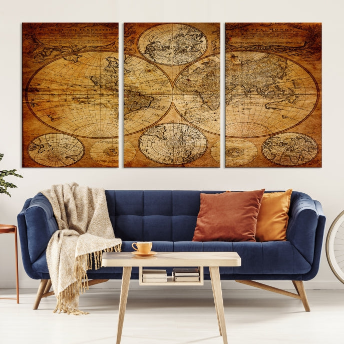 Mapamundi vintage con arte de pared grande de dos hemisferios Lienzo