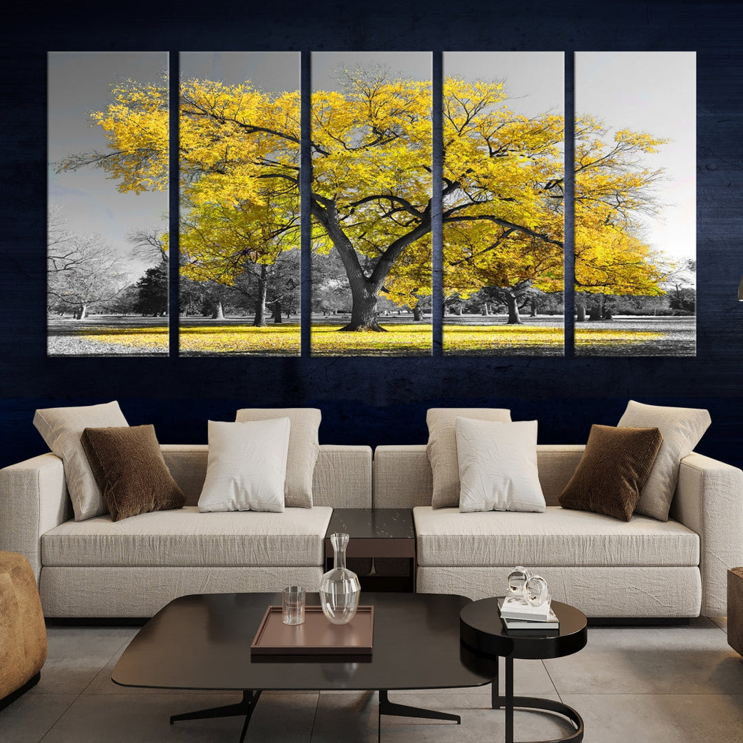 Gran árbol amarillo gran lienzo pared arte impresión negro blanco amarillo arte pintura