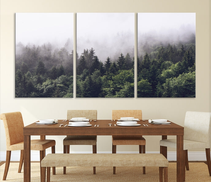 Impression d’art mural sur toile de forêt brumeuse et brumeuse, impression sur toile d’art mural de forêt nuageuse