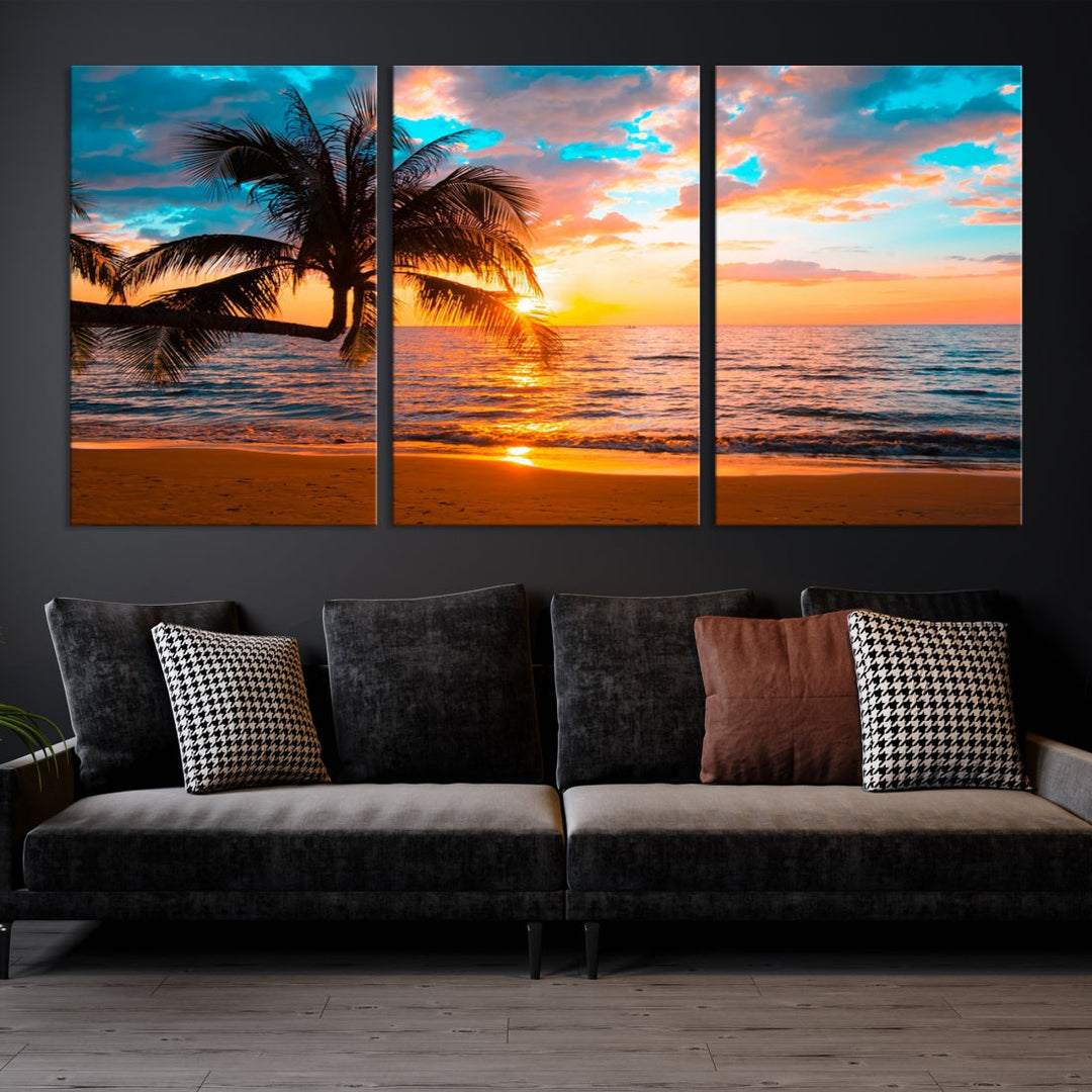 Impresión en lienzo del arte de la pared de la puesta del sol de la palmera en la playa