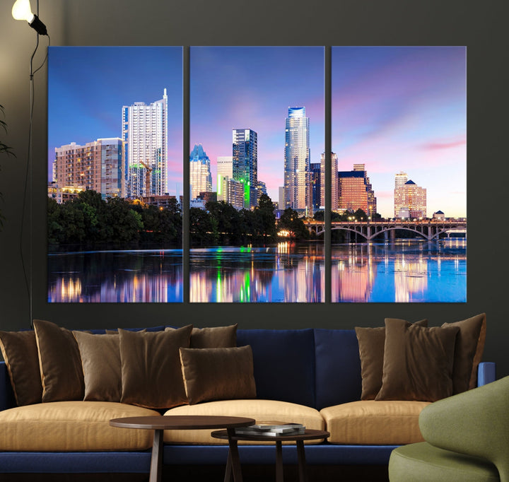 Austin City Lights Coucher de soleil bleu et violet Skyline Cityscape View Wall Art Impression sur toile