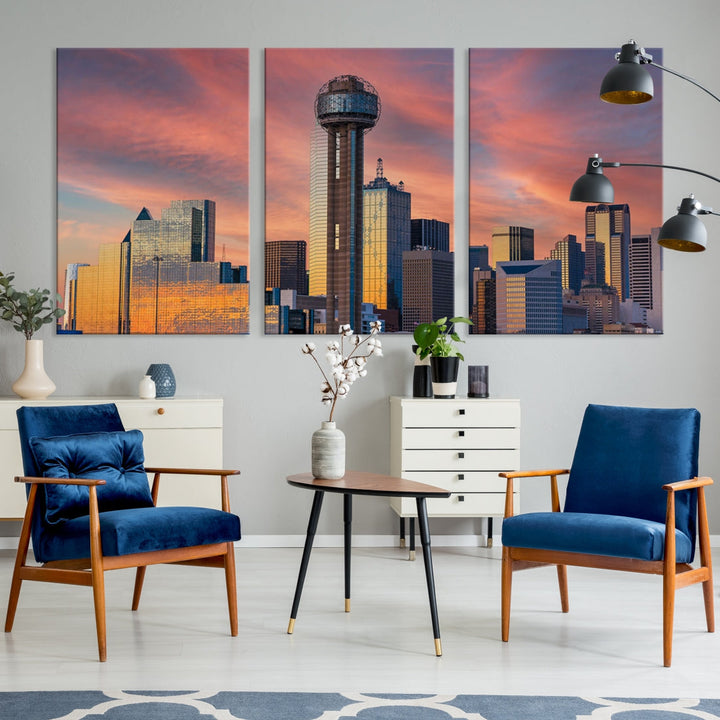 Dallas City Tower Sunset Skyline Cityscape View Wall Art Canvas Print