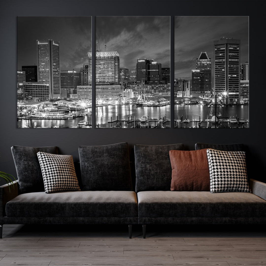 Baltimore City Lights Cloudy Skyline Art mural noir et blanc Paysage urbain Impression sur toile