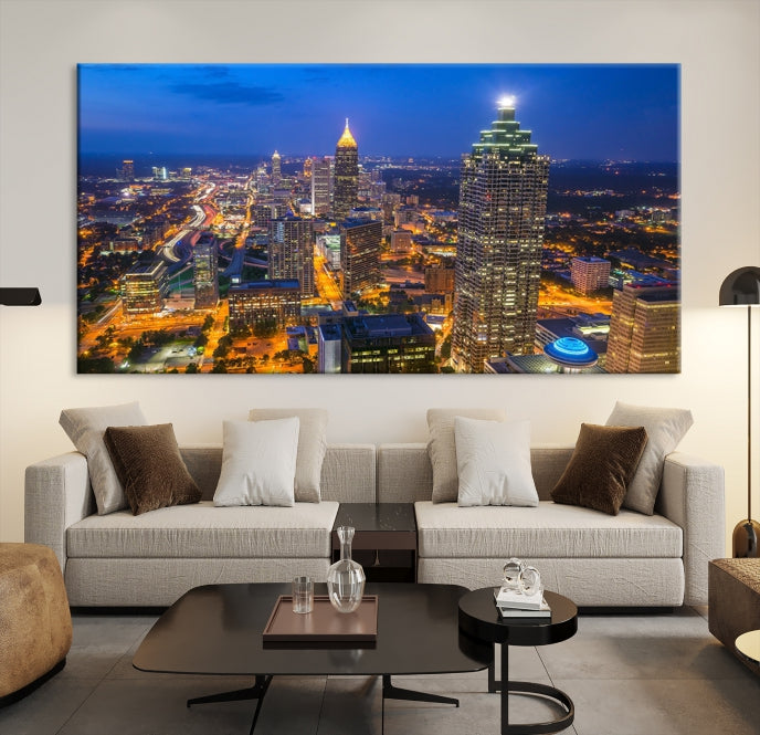 Atlanta City Night Blue Skyline Cityscape View Wall Art Canvas Print