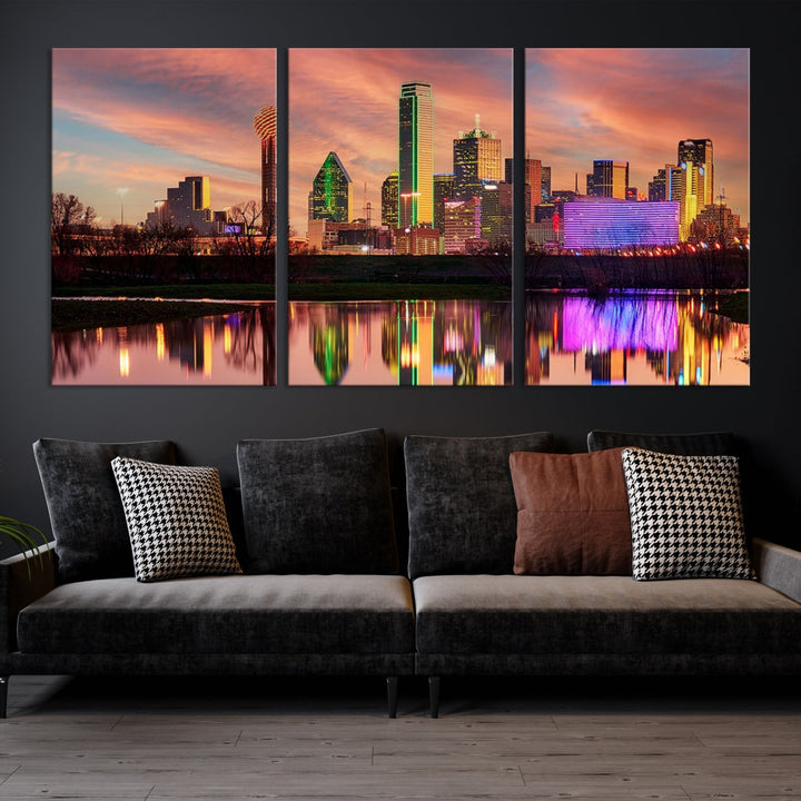 Dallas City Lights Sunset Colorful Cloudy Skyline Cityscape View Wall Art Canvas Print