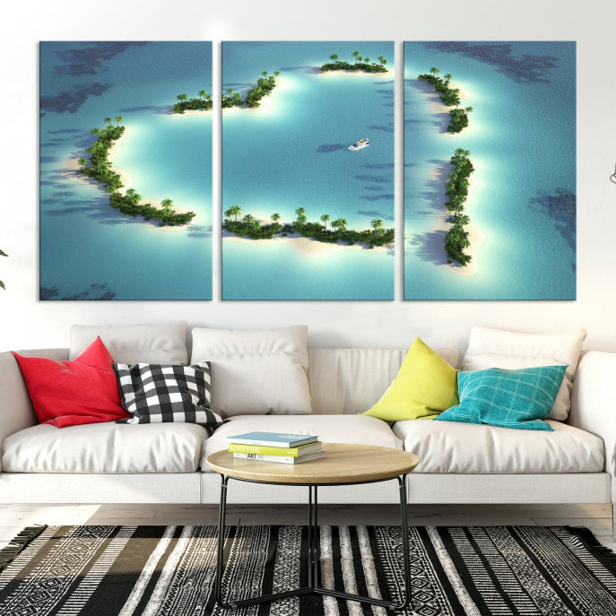 Lovers' Heart-Shaped Island Ocean Beach Wall Art Canvas Print