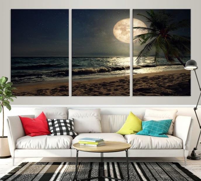 Tropical Beach and Moon Wall Art Canvas Print